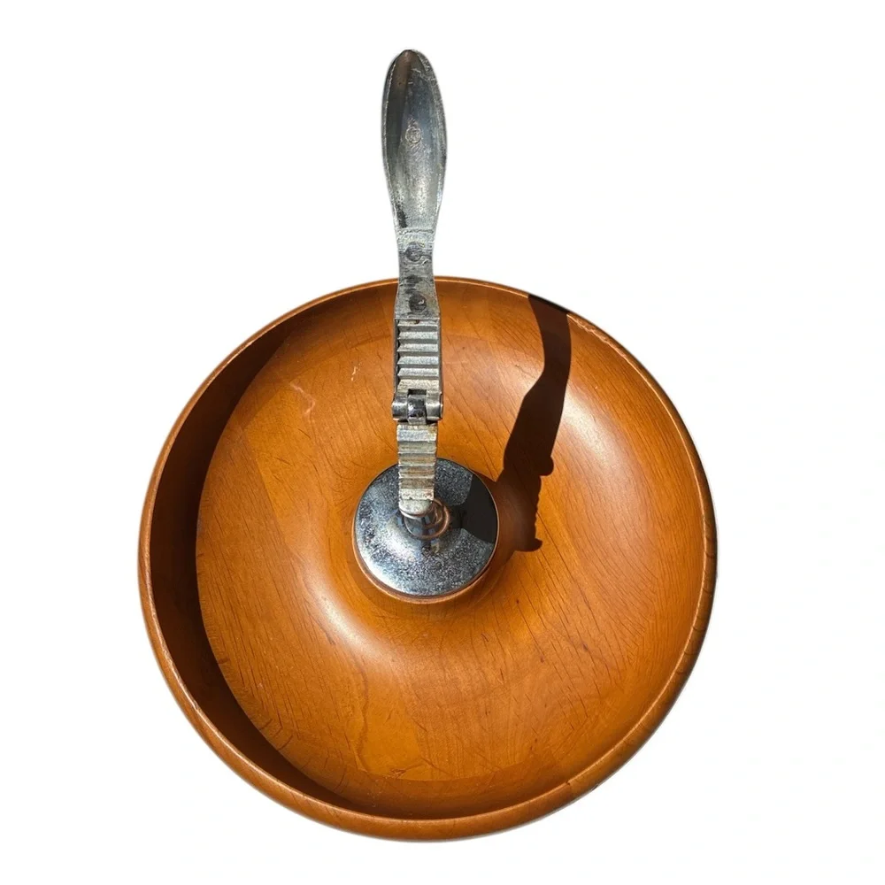 Millbern MCM Wooden Bowl with Metal Nutcracker Catchall Vintage Chic Retro Brown
